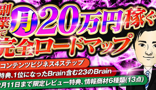 副業で月20万円稼ぐ為の完全ロードマップ＋特典、人気販売者の1位になったBrain含む3つのBrain＋特典、私の20のBrain＋2月11日までレビュー得点、情報商材6種類（13点）