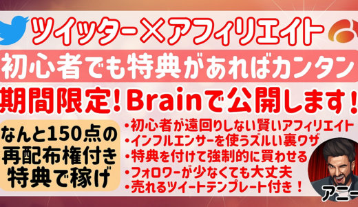 150点の再配布権付き特典セット！ちょっとズルいツイッター✕Brainアフィリエイトで初心者でも初月から10万円